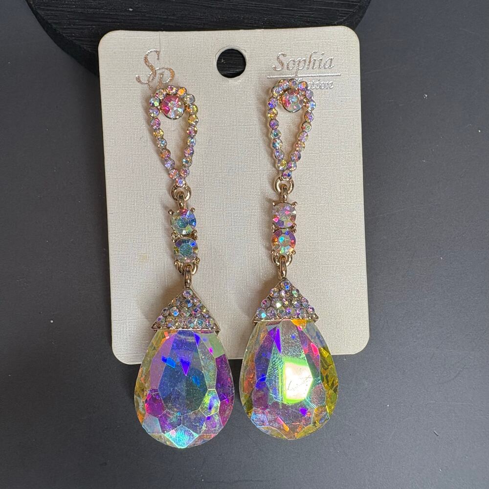 Crystal AB Aurora Borealis Statement Dangle Earrings Pierced Glass 3"